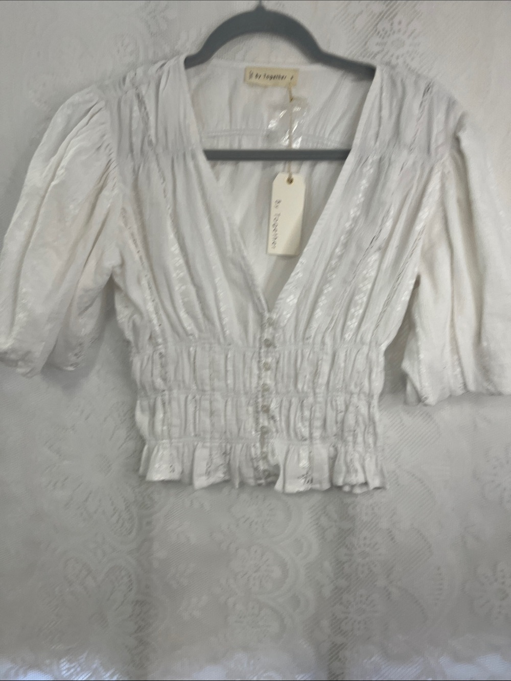 By Together White V-Neck Smocked Peplum Blouse NWT S